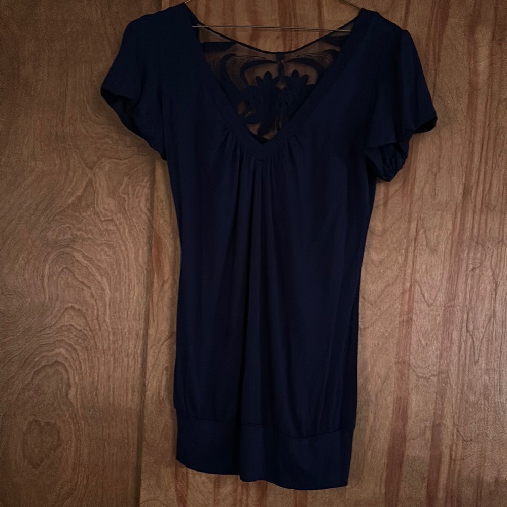 Charlotte Russee women’s dark blue medium v neck top, lace back, banded bottom